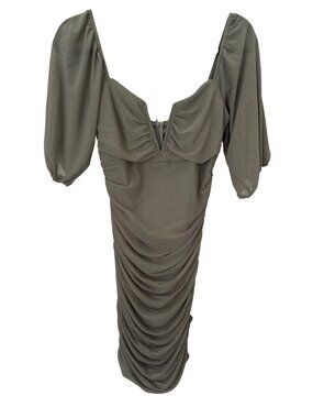 Blush BJ Ruched  Mini Dress Size Medium Mesh Short Sleeve Fitted Bodycon Olive